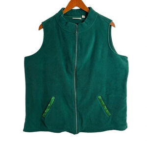 Quacker Factory Forest Green Fleece Vest 1X Sequins Rhinestones Holiday Bling